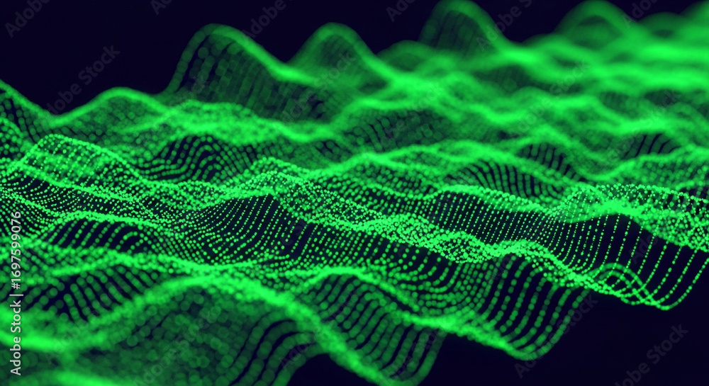 Poster vibrant green digital wave patterns flow across dark background, representing data streams and abstr