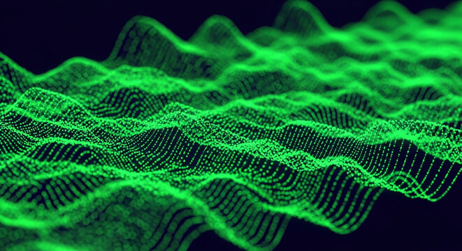Vibrant green digital wave patterns flow across dark background, representing data streams and abstract technology.