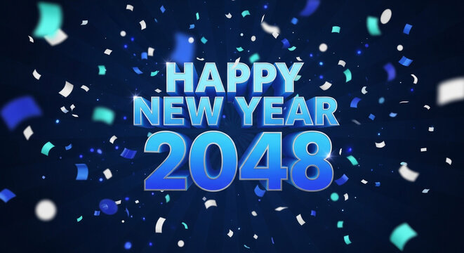 Celebrate the future now with dazzling Happy New Year 2048 confetti and dynamic blue light effects! - Powered by Adobe