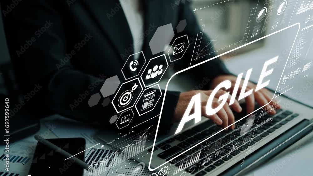 Poster Business Professional Using Laptop with Agile Concept and Digital Interface Overlays in Modern Office Environment. Asymptotic smart data analytic.
