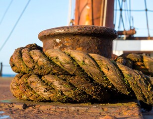 Rusty mooring rope on a ship's bollard