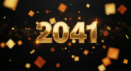 Stunning golden year 2041 celebration with falling confetti and sparkling lights