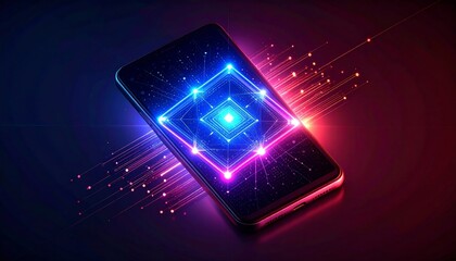 Futuristic mobile interface with glowing diamond pattern and data streams