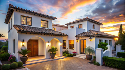 Mediterranean-inspired home with white walls and clay roof at dusk
