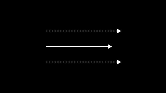 White straight arrows animation. Reveal and hide animation of solid, dashed, and dotted arrows. Isolated on a black background. arrow animation. 4k video