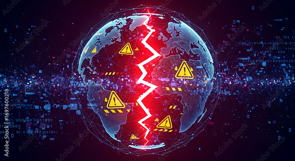 Poster digital globe with warning symbols representing a global cybersecurity breach and worldwide network 