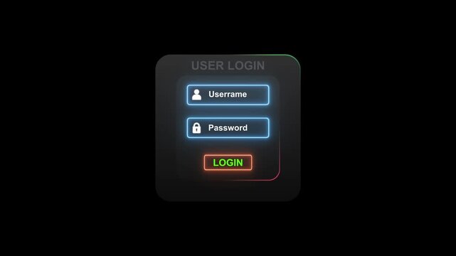 Animated to typing User name graphic log in form selects with password system token. Username and password input login screen with neon effects. 4k video motion graphic animation.