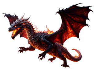 Fiery dragon with wings spread isolated on transparent background