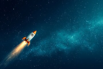 Fototapeta premium Stylized Rocket Ship Ascending Through Cosmic Nebula, Hopeful and Aspirational, Space Exploration Concept