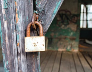 Rusty padlock on weathered wooden beams