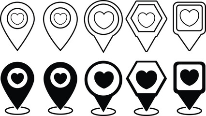 heart shaped map pin symbol representing location and love, set. heart map pointer symbol, black location pin symbol, Map marker pointer icons.
