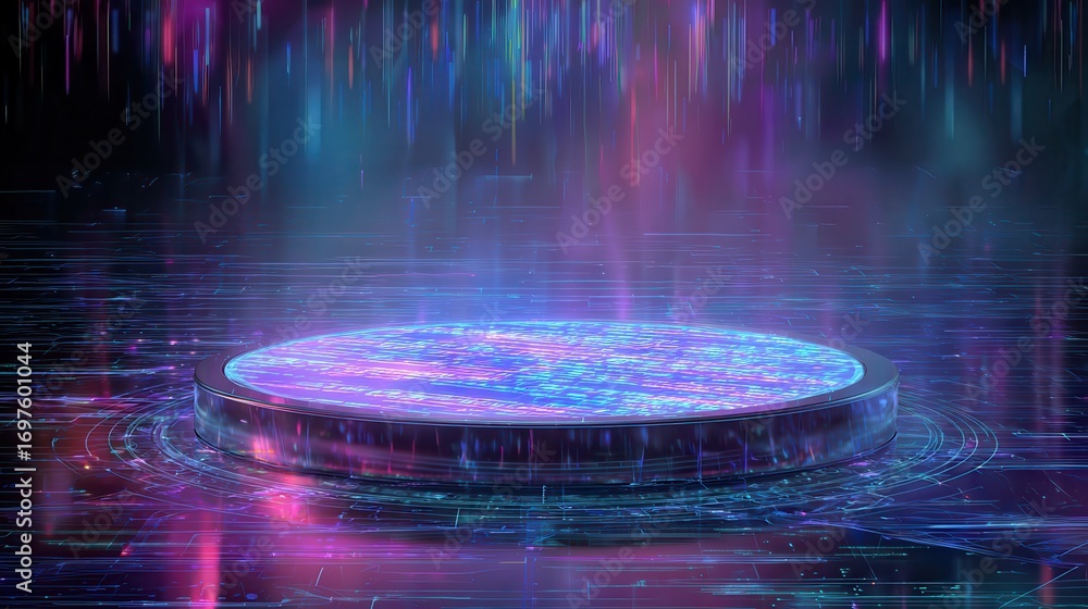 Poster a circular podium with glowing digital code patterns, set against an abstract background of neon lig
