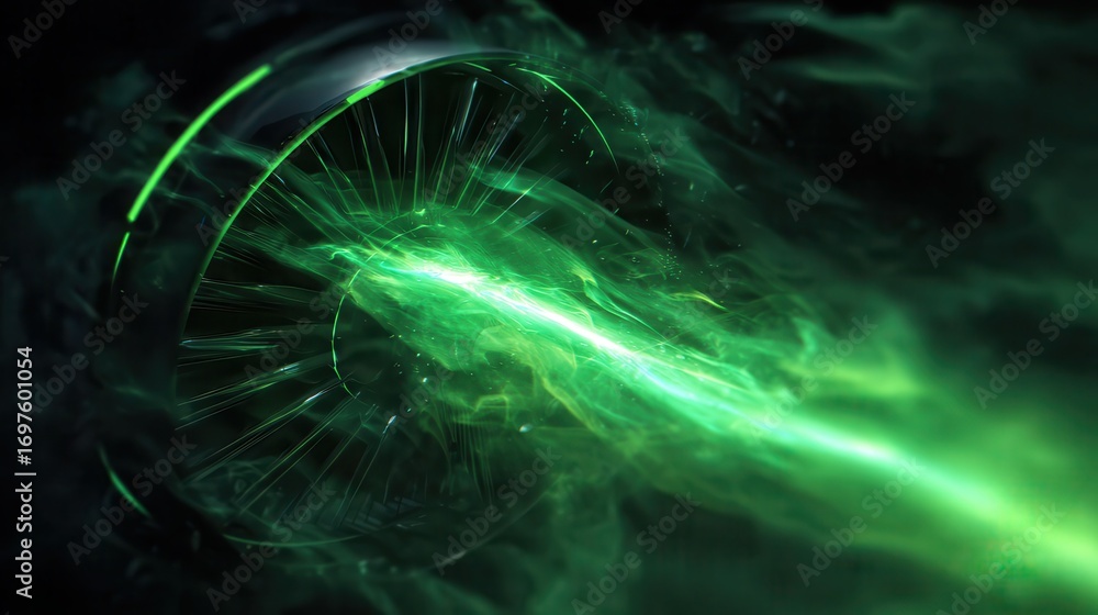 Poster a close-up shot of an abstract, futuristic turbine core moving through space, leaving behind a brill