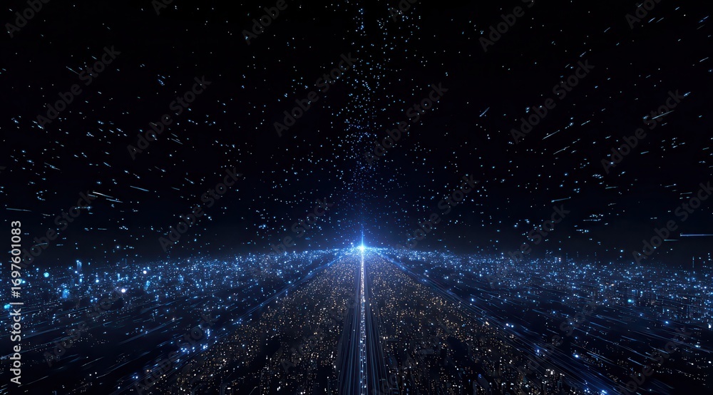 Poster a dark blue background with light lines and dots, a glowing white line in the center of the screen t
