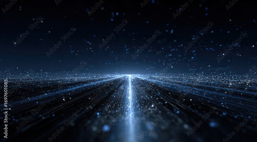 Poster a dark blue background with light lines and dots, a glowing white line in the center of the screen t