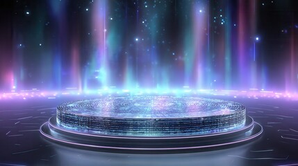 A circular podium with glowing digital code patterns, set against an abstract background of neon lights and holographic effects. The podium is centered in the composition.