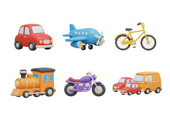 Naklejka premium 3d icon of set of cartoon transportation vehicles including a car, airplane, bicycle, train, motorcycle, and van, isolated on transparent background