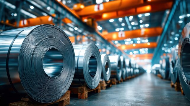 Large rolls of shiny steel are neatly arranged in a brightly lit industrial warehouse with orange cranes overhead