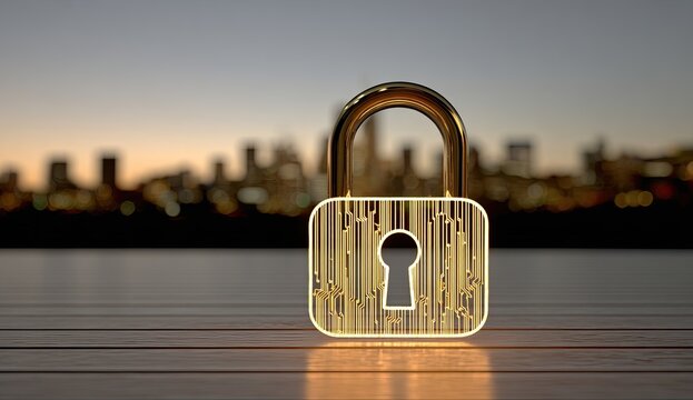 Golden padlock icon on wooden surface, city skyline background