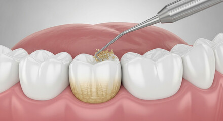 Dentist cleaning plaque from stained tooth with modern dental scaler tool