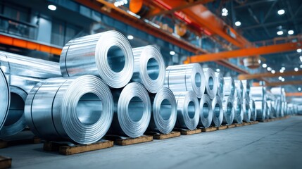 Shiny steel coils stacked on wooden pallets inside a large, modern industrial warehouse with bright overhead lighting