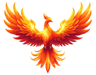 Fiery phoenix bird with outstretched wings isolated on transparent background