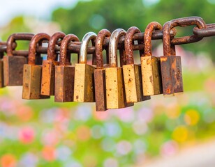 Rusty padlocks hanging on a chain, blurred background