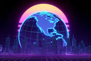 Retro Futuristic Cityscape: Global Network, Neon Glow, 80s Synthwave Style, Digital World