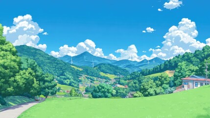 Fototapeta premium Sunny valley scene with lush greenery, rolling hills, and a small village nestled in a valley