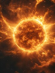 Intense solar flares erupting from the sun's surface amidst cosmic dust clouds and distant stars