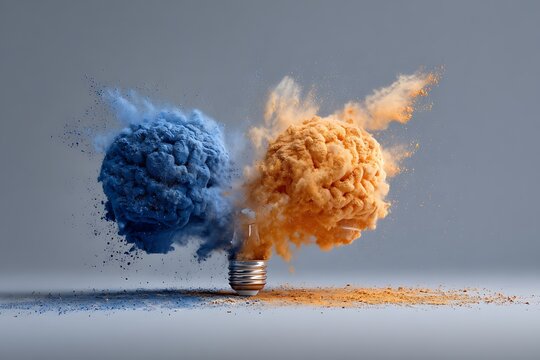 Abstract Brainstorming Concept: Exploding Blue and Orange Brain Clouds from Lightbulb
