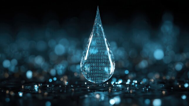 Digital Blue Water Drop with Binary Code for Artificial Intelligence in Water Resource Management and Environmental Monitoring.