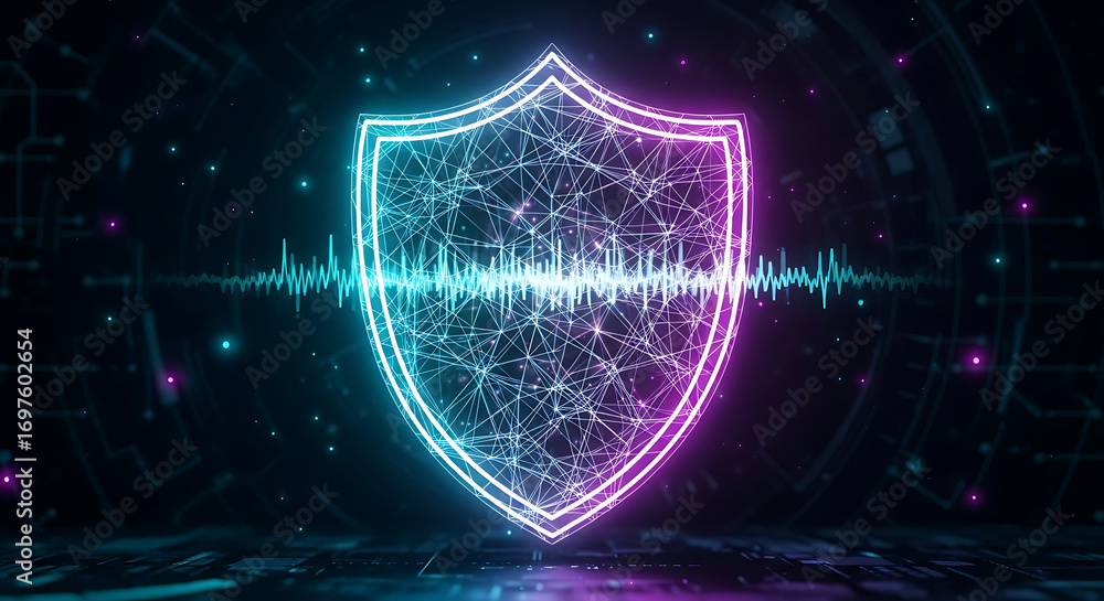 Poster digital shield with connected network lines symbolizing cybersecurity defense encryption and secure 