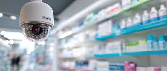 The Security Camera Monitoring Modern Pharmacy Shelves For Retail Safety And Loss Prevention
