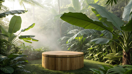 Wooden hot tub in a lush, misty tropical forest setting