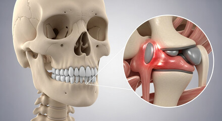Detailed 3D medical illustration of human skull and temporomandibular joint with inflammation highlighted