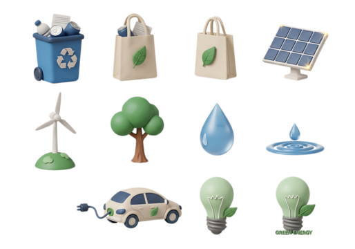 3d icon of ecofriendly icons including solar panel, wind turbine, electric car, tree, and recycling bin isolated on transparent background - Powered by Adobe
