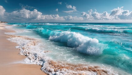 Turquoise ocean waves crash onto a sandy beach under a cloudy blue sky