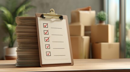 A clipboard with a checklist sits on a desk next to a large stack of papers, with cardboard boxes and plants in the background