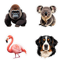 Fototapeta premium A collection of diverse animal icons in a clean, isometric vector style. Features a gorilla, koala, flamingo, and dog.