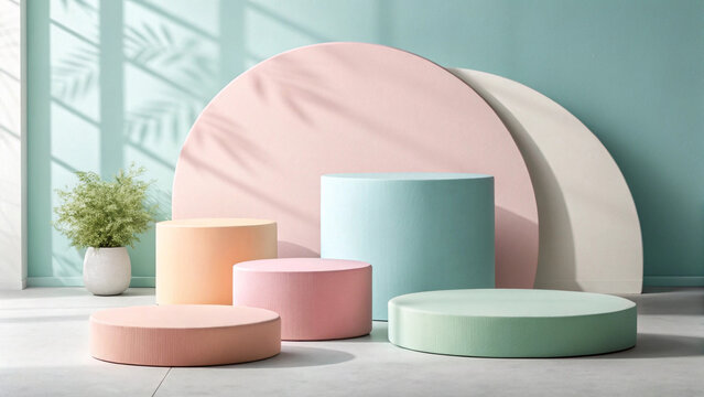 Pastel geometric pedestals for product display in a minimalist studio setting
