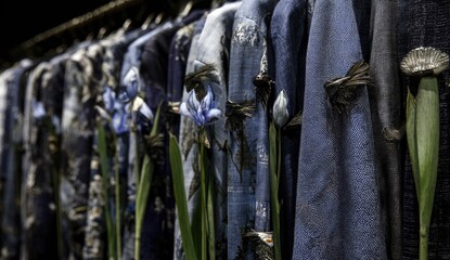 Dark blue denim jackets, floral accents