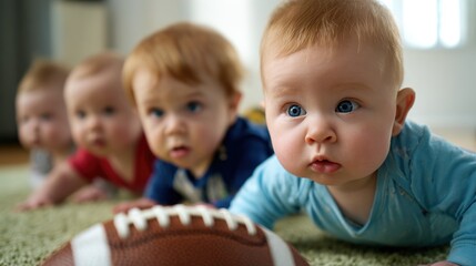 Fototapeta premium Four adorable babies, focused and crawling towards a large football, showcasing curiosity and playfulness in a bright, inviting indoor setting.
