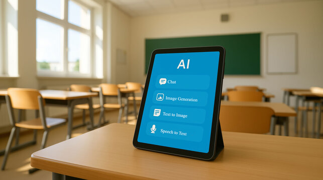 AI powered digital learning application on tablet placed in classroom symbolizing education technology innovation automation knowledge and smart teaching concept