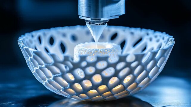Intricate perforated glass bowl illuminated by cool blue light, featuring lattice pattern and reflective surface.