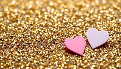 Fototapeta premium Festive Vertical Banner with Glitter Hearts and Gold Background