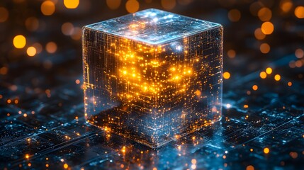 Futuristic transparent cube glowing with intricate digital circuits and vibrant orange lights on a dark background