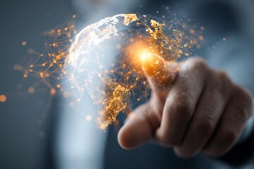Global network connection: businessman's finger touches interactive digital earth, futuristic technology concept.