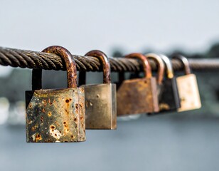 Rusty padlocks on a wire
