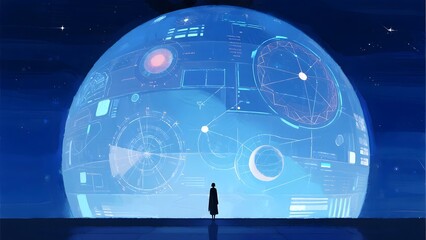 A solitary figure stands before a large, illuminated sphere displaying intricate digital patterns and celestial symbols against a starry night sky.